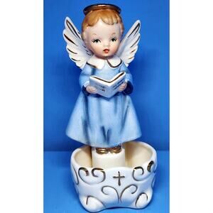 Art Japan Angel Holy Water Wall Pocket God Bless Our Home Blue Gold Accents VTG